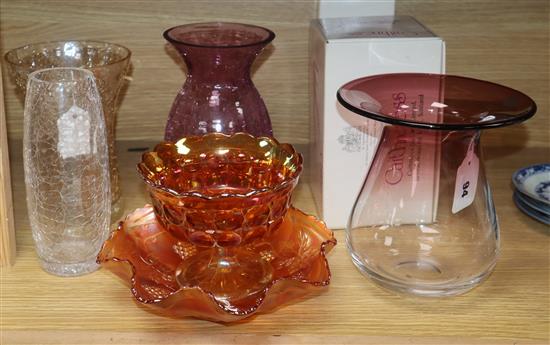 Two items of Carnival glass, three craquelure glass vases, two Caithness vases and a large bulbous vase